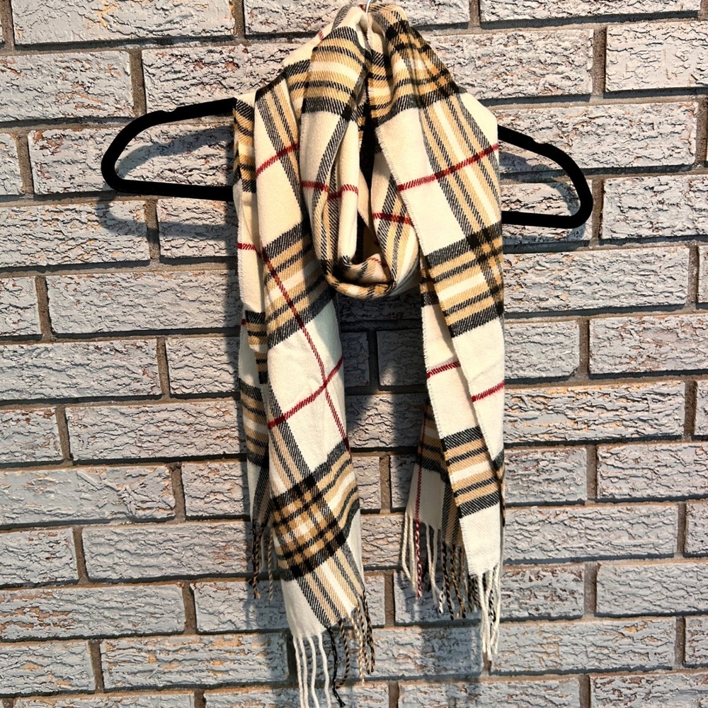 100% Cashmere Scarf Made in Scotland Plaid Check Fringe Cream Tan Red Black